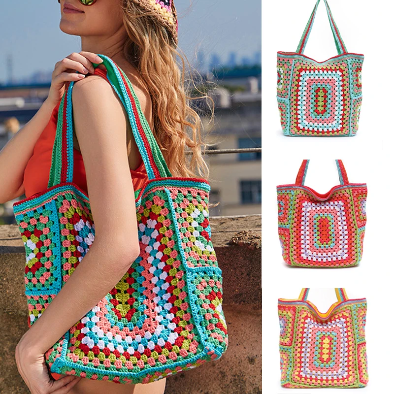 Bohemian Crochet Paisley Women Shoulder Bags Knitting Large Tote Bag Casual Lady Handbags Handmade Big Shopper Purses  Beach Bag