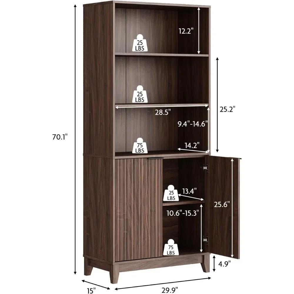 Tier Bookcase with Fluted Doors, Modern Farmhouse Book Shelf with Storage Cabinet and Adjustable Shelves for Bedroom Home