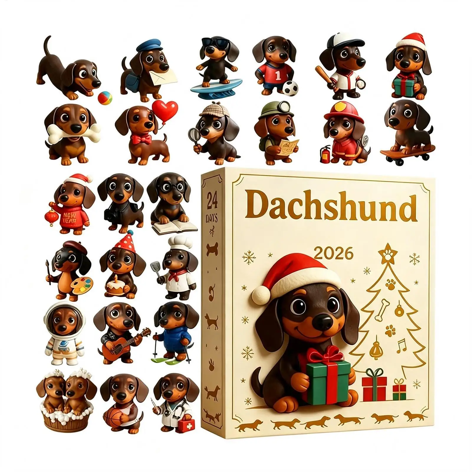 Niedlicher Dackel-Adventskalender 2026 aus Acryl, 24-Tage-Weihnachts-Countdown-Ornament, 2D-Hundehänger, Heimdekoration, Geschenk