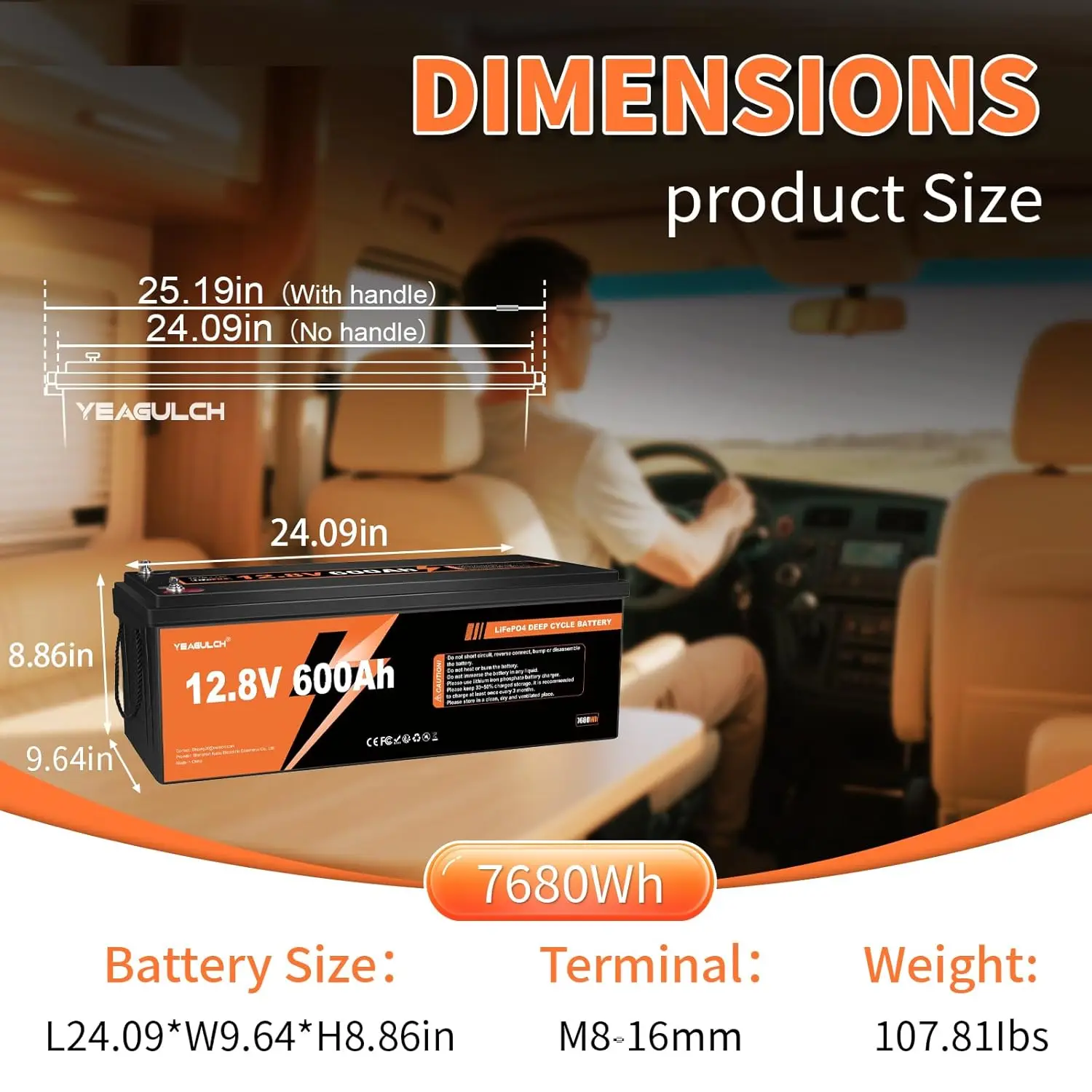 

12V 600Ah LiFePO4 Battery, 200A BMS 7680Wh 15000 Deep Cycle for RV, Custom
