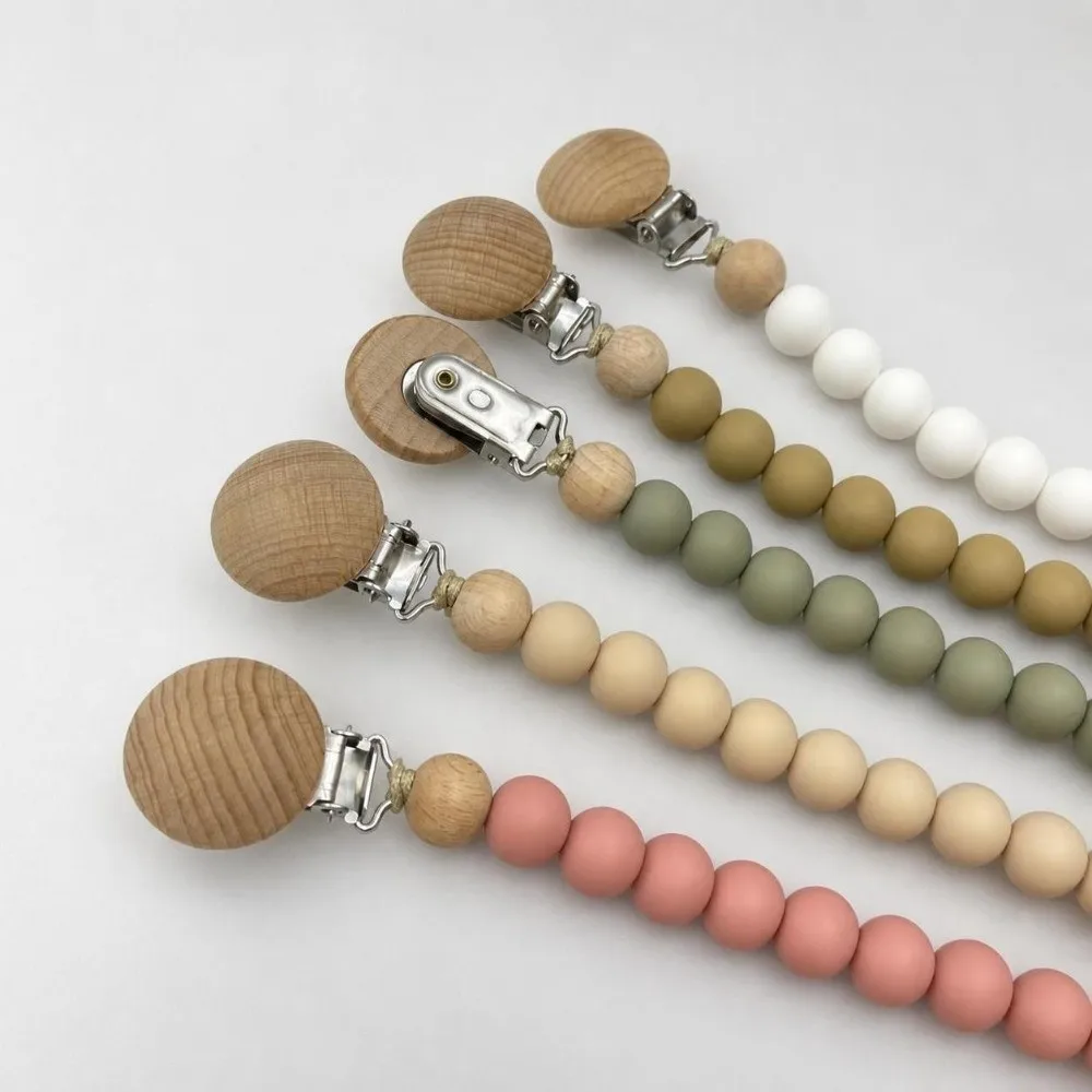 Practical Silicone Wood Pacifier Clip Lightweight Food Grade Baby Teething Chain Wear-Resistant Smooth Soother Holder Infant