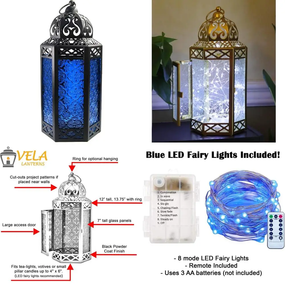 فوانيس فيلا 12 قطعة LED سلسلة أضواء خرافية حامل شموع فانوس مغربي مزخرف، زجاج كوبالت، كبير