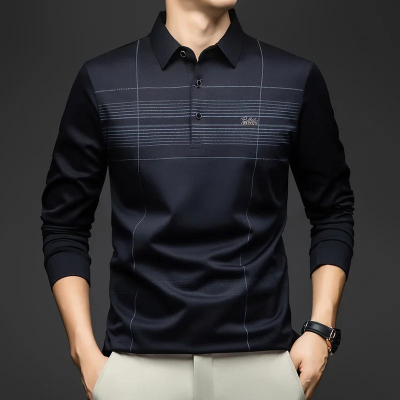 BROWON 2025 قميص رجالي أنيق للخريف بولو بأكمام طويلة ملابس علوية للربيع تي شيرت منتصف العمر مادة ناعمة ناعمة ملابس بولو للعمل الأب للرجال