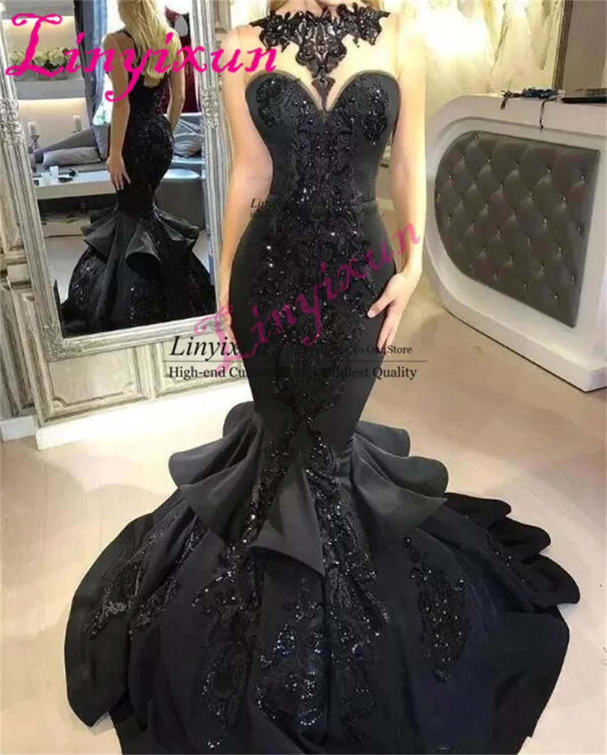 Stunning Schwarz Meerjungfrau Lange Prom Kleider Sexy Perlen Appliqued Formale Abendkleider Cascading Rüschen Gericht Zug Party Kleid