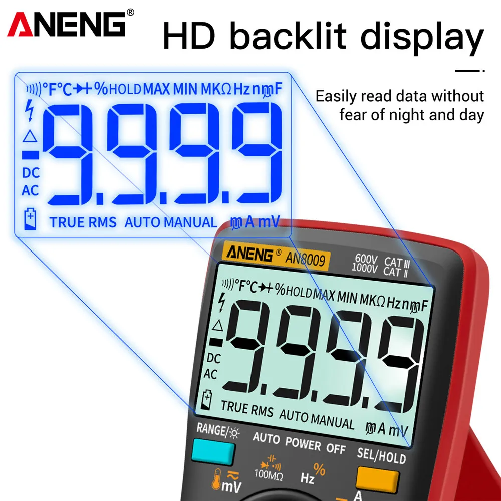 Imagem -04 - Aneng-digital Profissional ac dc Tensão Corrente Multímetro Transistor Ohm Auto Elétrica True Rms te 9999 Contagens An8008 An8009