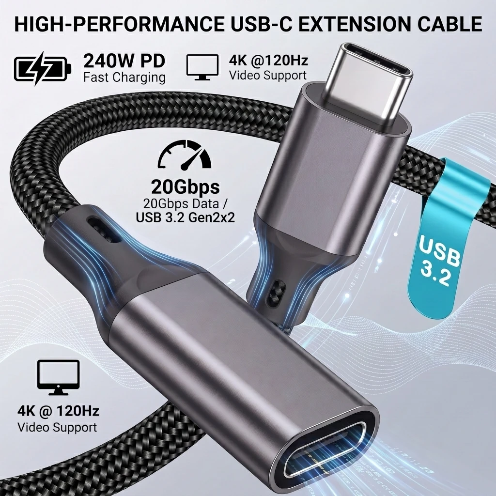 USB 3.2 Gen2x2 Extension Cable for Thunderbolt 20G 240W USB Type C Extender Male to Female Adapter for Monitor Cord Hub Laptop