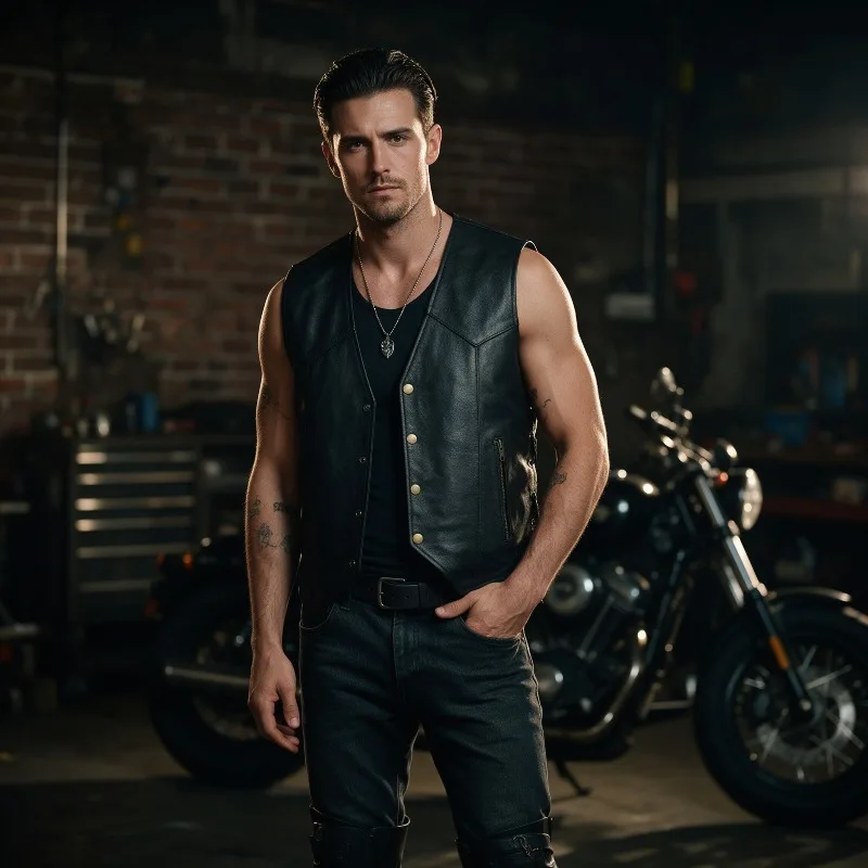 Mens Black PU Leather Motorcycle Vest Sleeveless V Neck Biker Waistcoat Lace Up  Sides Button Front Zipper Pocket