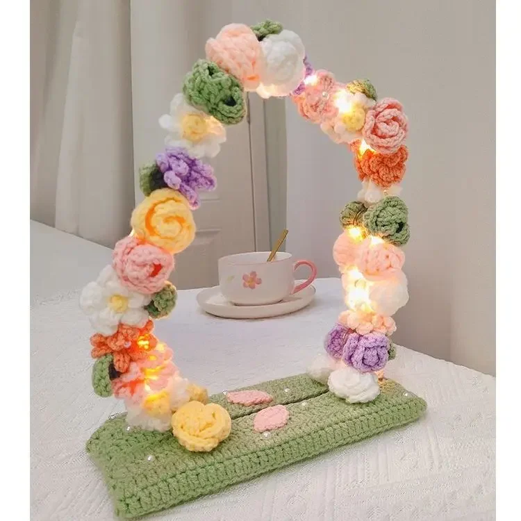 Hand-Woven Tulip Makeup Mirror, Lily of The Valley, Small Bouquet, Desktop Decoration, Bedroom Decoration, Wool Crochet Mirror