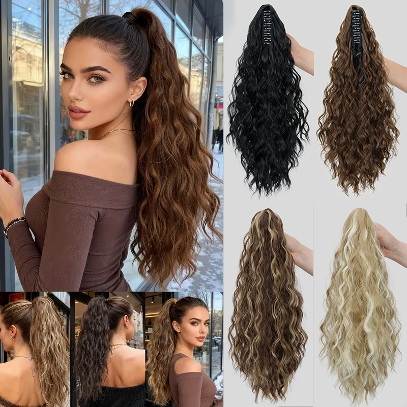 18Inch Synthetic Long Wavy Curly Ponytail Hair Extension Claw Clip Heat-Resistant Hairpiece for Women Daily Use