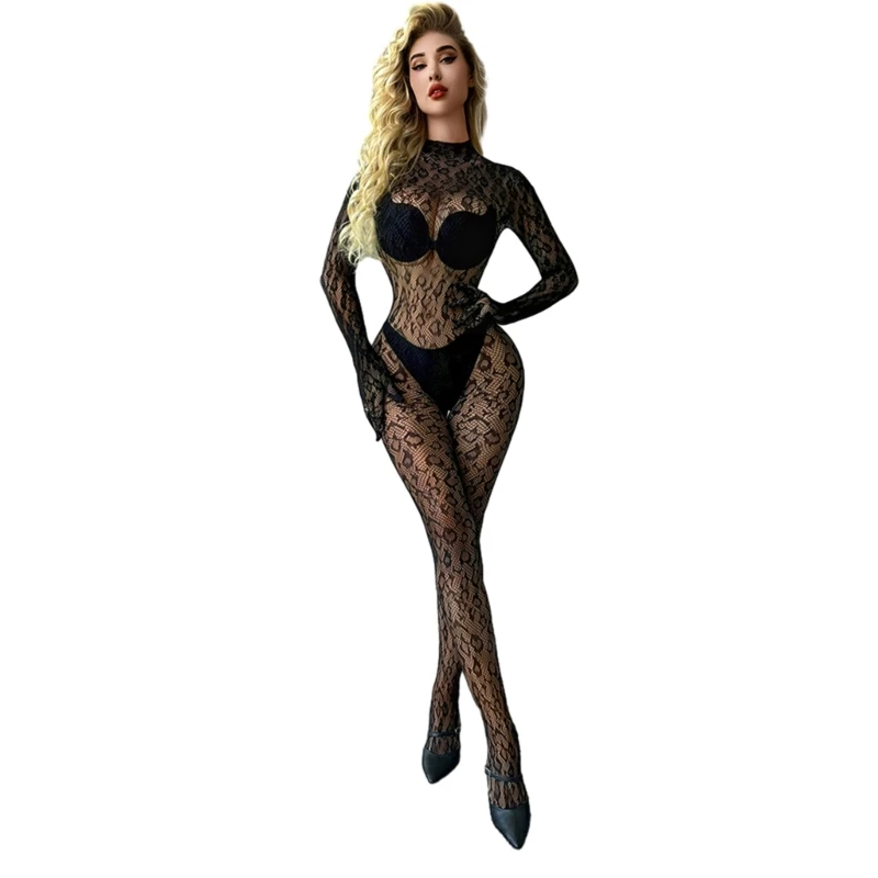 

Women's Sexy Patterned Mesh Bodystocking Fishnet Lingerie Long Sleeve Bodysuits Pieced Jumpsuit Underwear