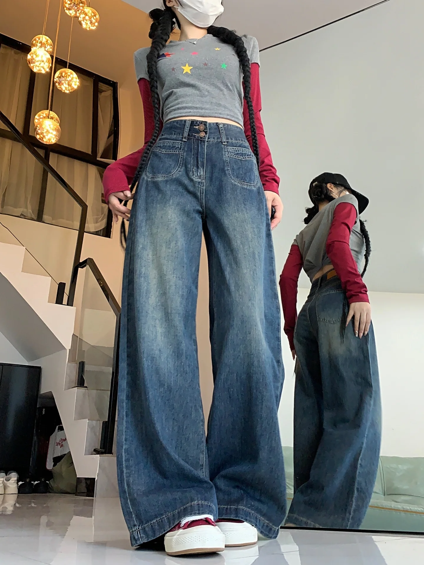 High Waist Wide Leg Denim Jeans Women's Autumn Large Size Loose Straight Cement ey Double Bule Floor-Length Slimming Pants