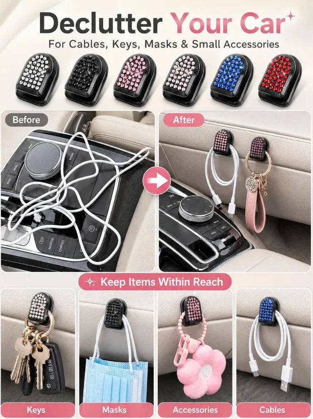 Rhinestone Mini Car Hooks, Self-Adhesive Multi-functional Car Interior Storage Hooks, Creative Bling Car Interior Decor Accessor