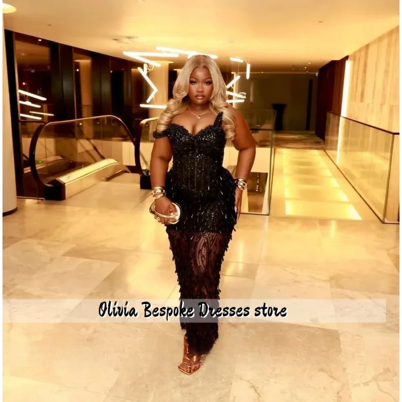 Black Sexy Illusion Prom Dresses One Shoulder Mermaid Sequined Crystals Charming Wedding Birthday Party Dress Customized