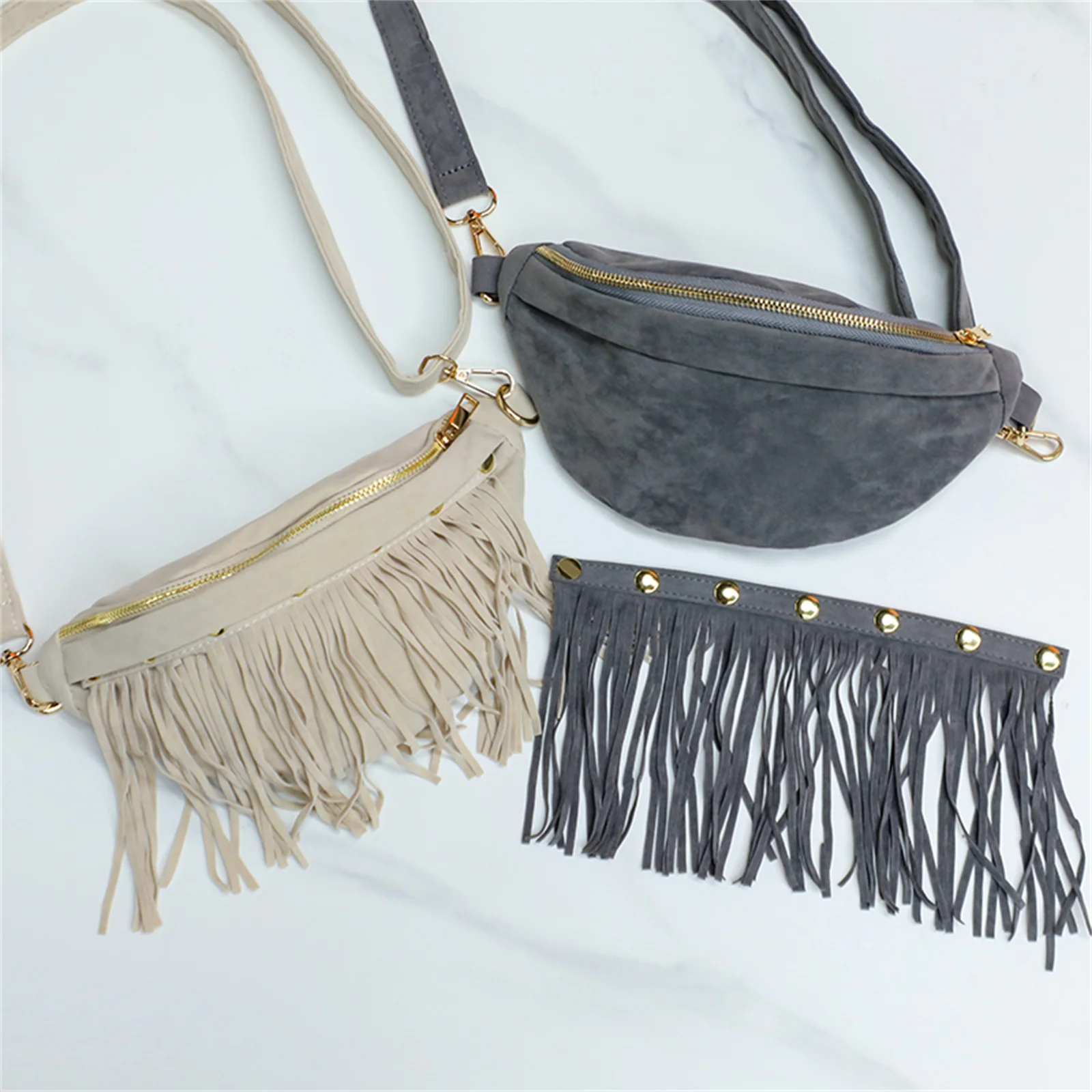 Detachable Tassels Chest Bags For Women Faux Suede Crossbody Bag Fringe Waist Bag For Outdoors Hiking Traveling