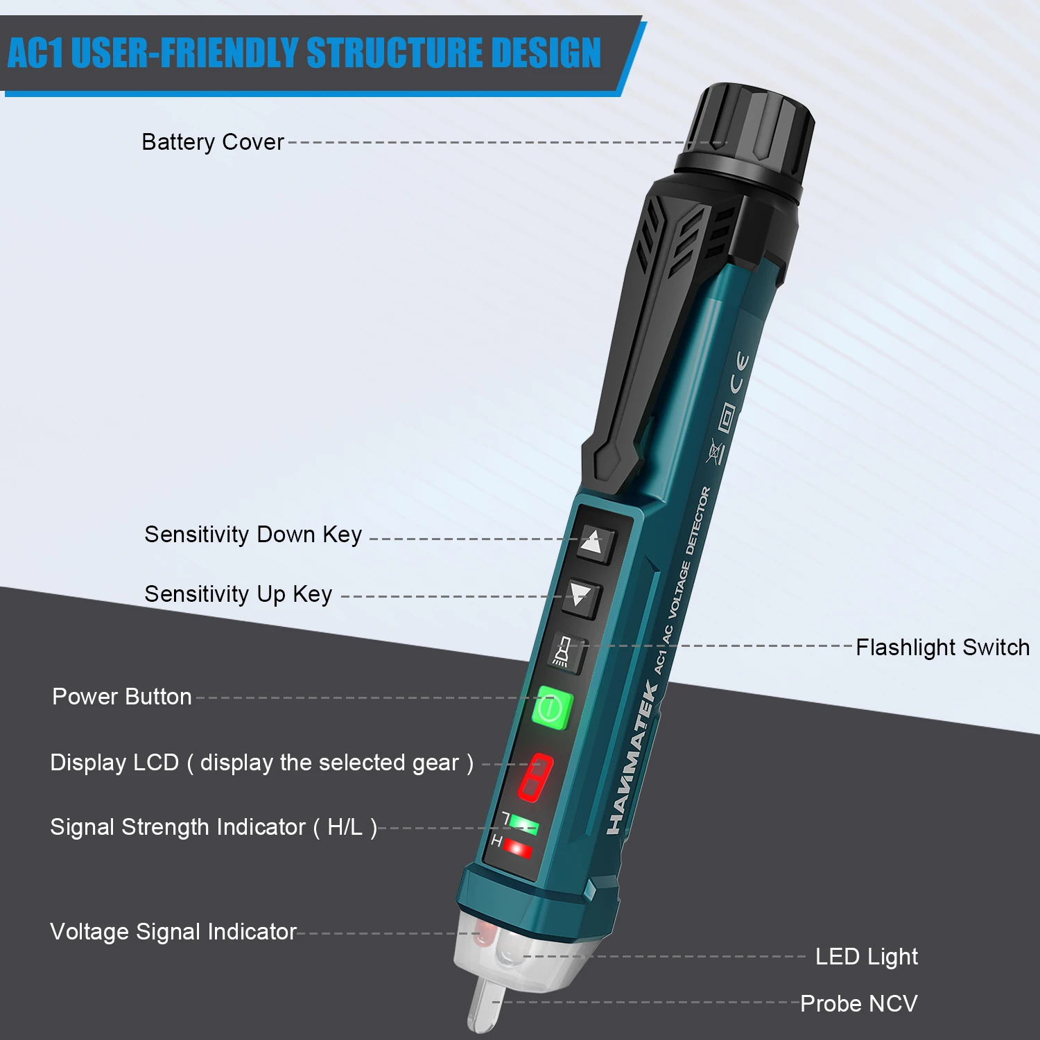 Hanmatek Non-Contact Voltage Tester Adjustable Sensitivity Voltage Detection Pen Buzzer Alarm 12V-1000V Live/Zero Line Judgment