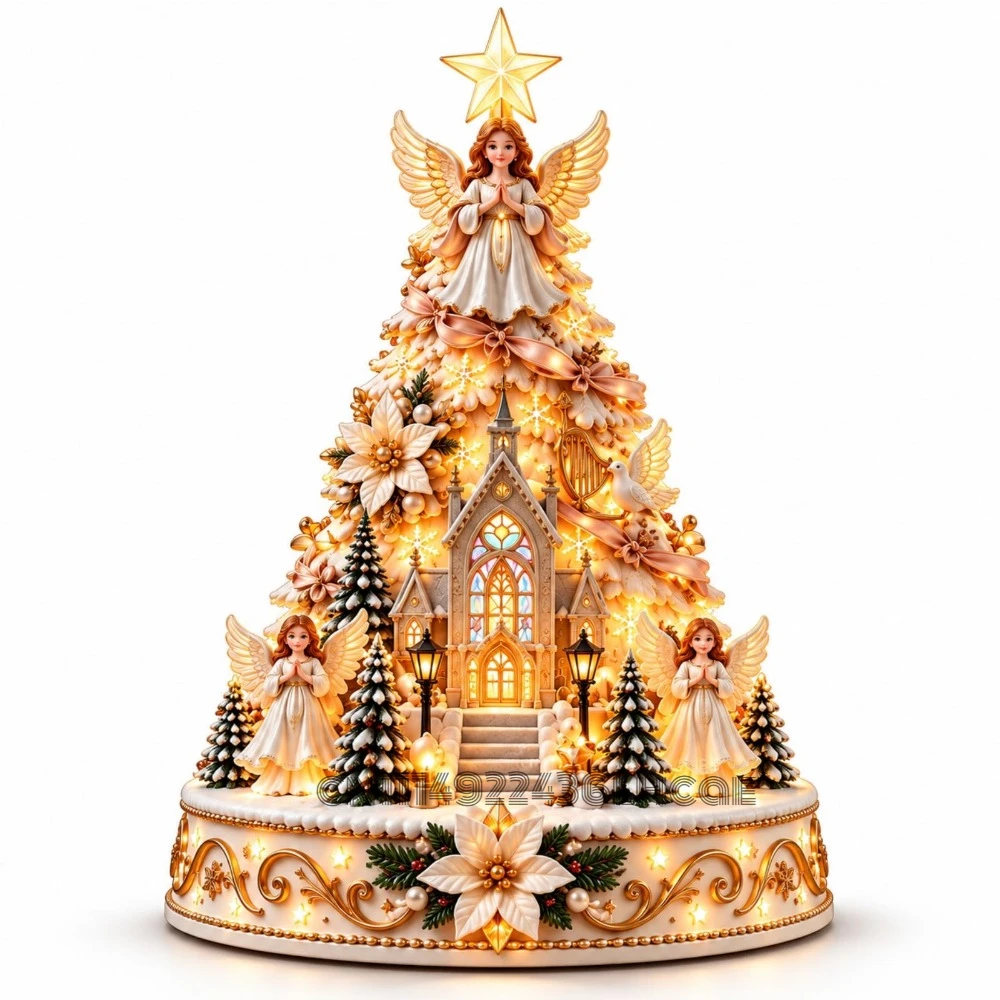 Christmas Village Tree Centerpiece, Tabletop Decor,3D Snowy Village Houses, Star Topper and Festive Details for Mantel