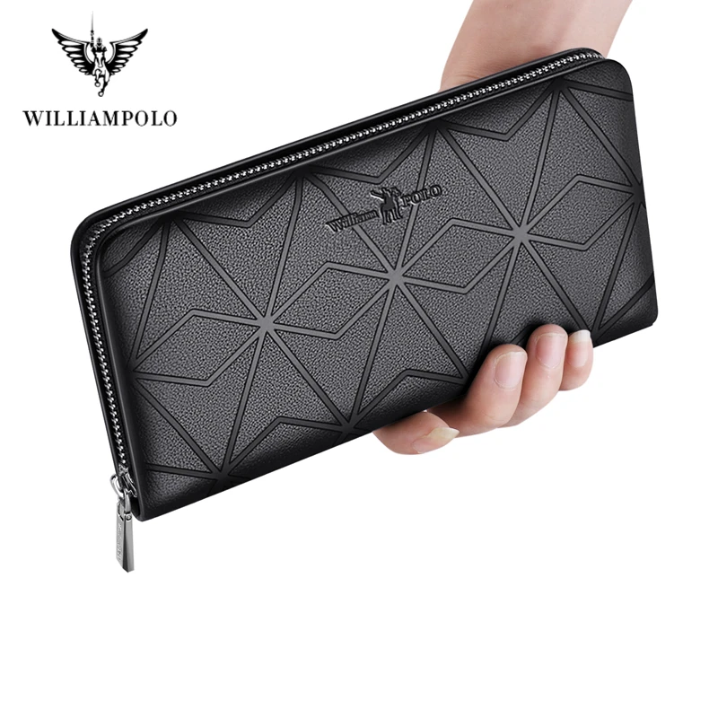 WILLIAMPOLO Men\'s Wallet Long Genuine Leather 100% Clutch Wallets Phone Bag Zip Wallet For Men Business Large Capacity Money Bag