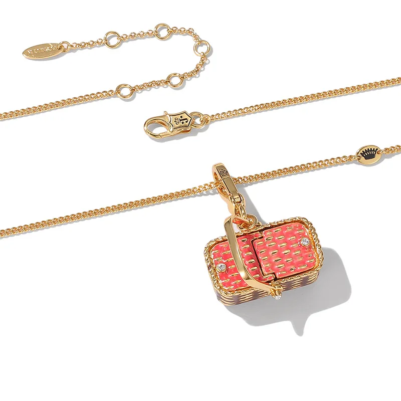 Openable Picnic Basket Pendant Necklace Enamel Glaze Woven Handbag Locket Keychain Bag Charm Trendy Summer Jewelry Gift