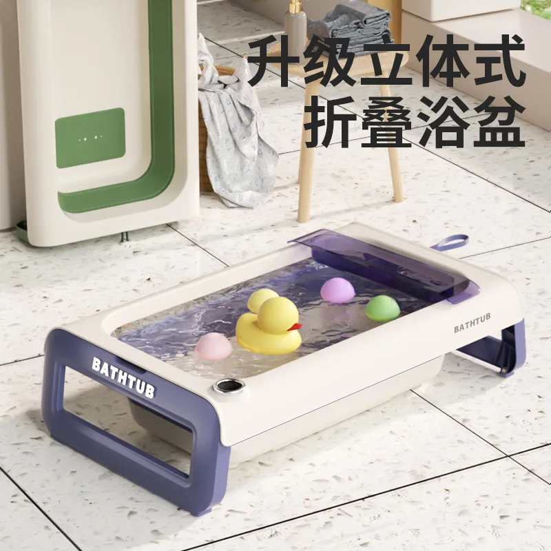 

Baby Bathtub with Temperature Sensing, Infant Sit-and-lie Foldable Large Bathing Tub with Storage Rack, Baby Bath