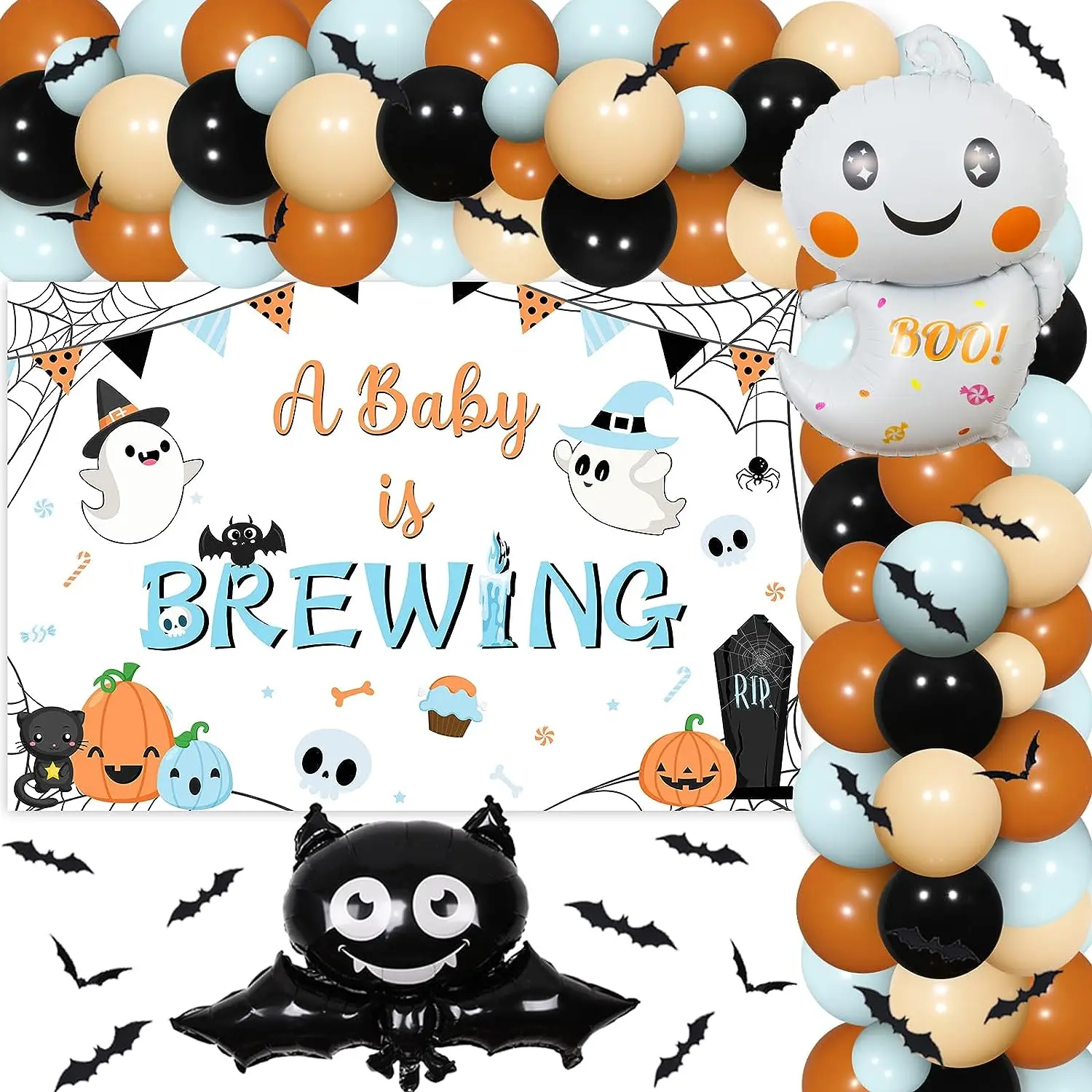 

Fangleland Boys Halloween Baby Shower Decorations A Baby Is Brewing Backdrop Blue Orange Black Ghost Bat Balloons Garland Arch