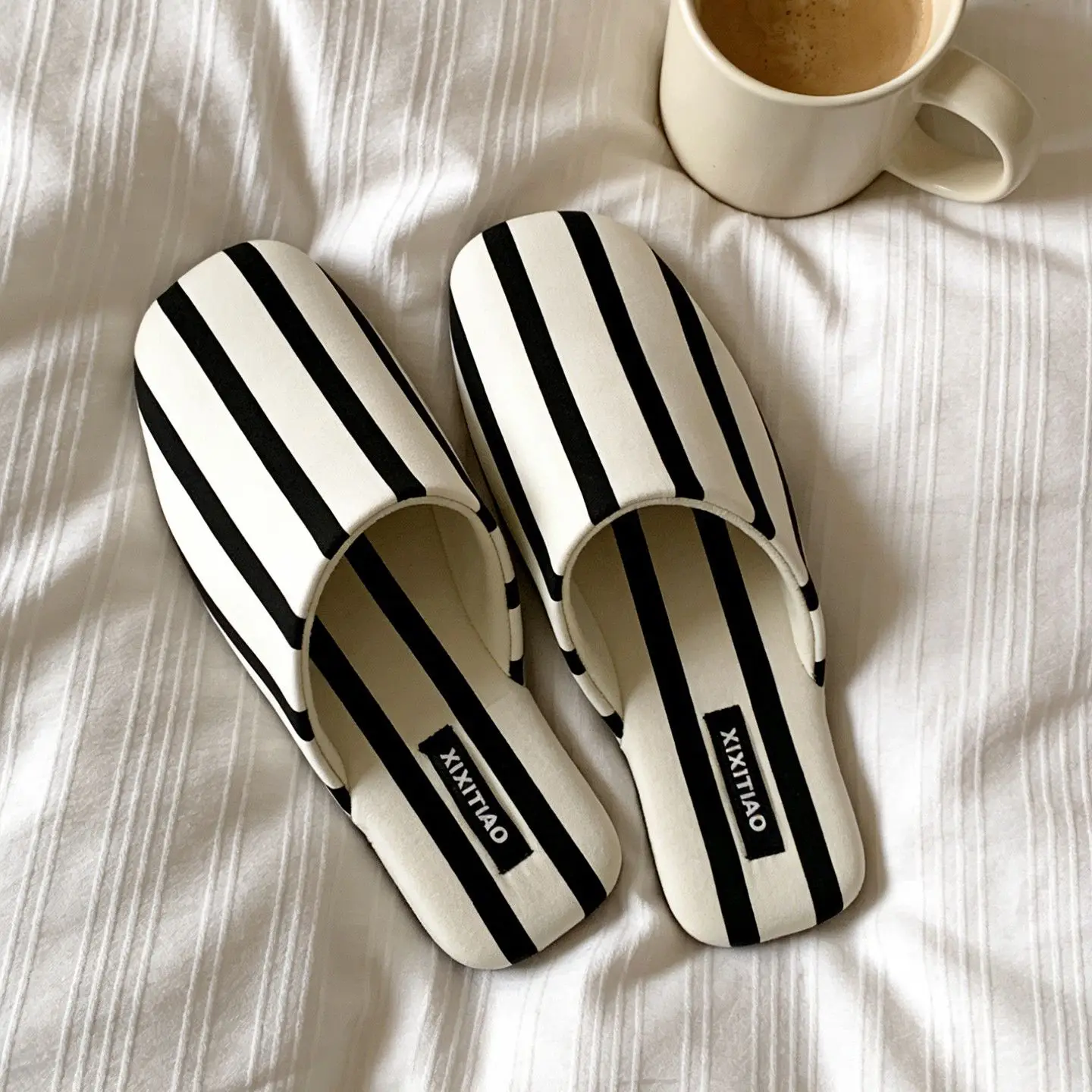 

Striped, Square-Toed All-Season Cotton Slippers for Men and Women – Soft, Non-Slip Bedroom Slippers