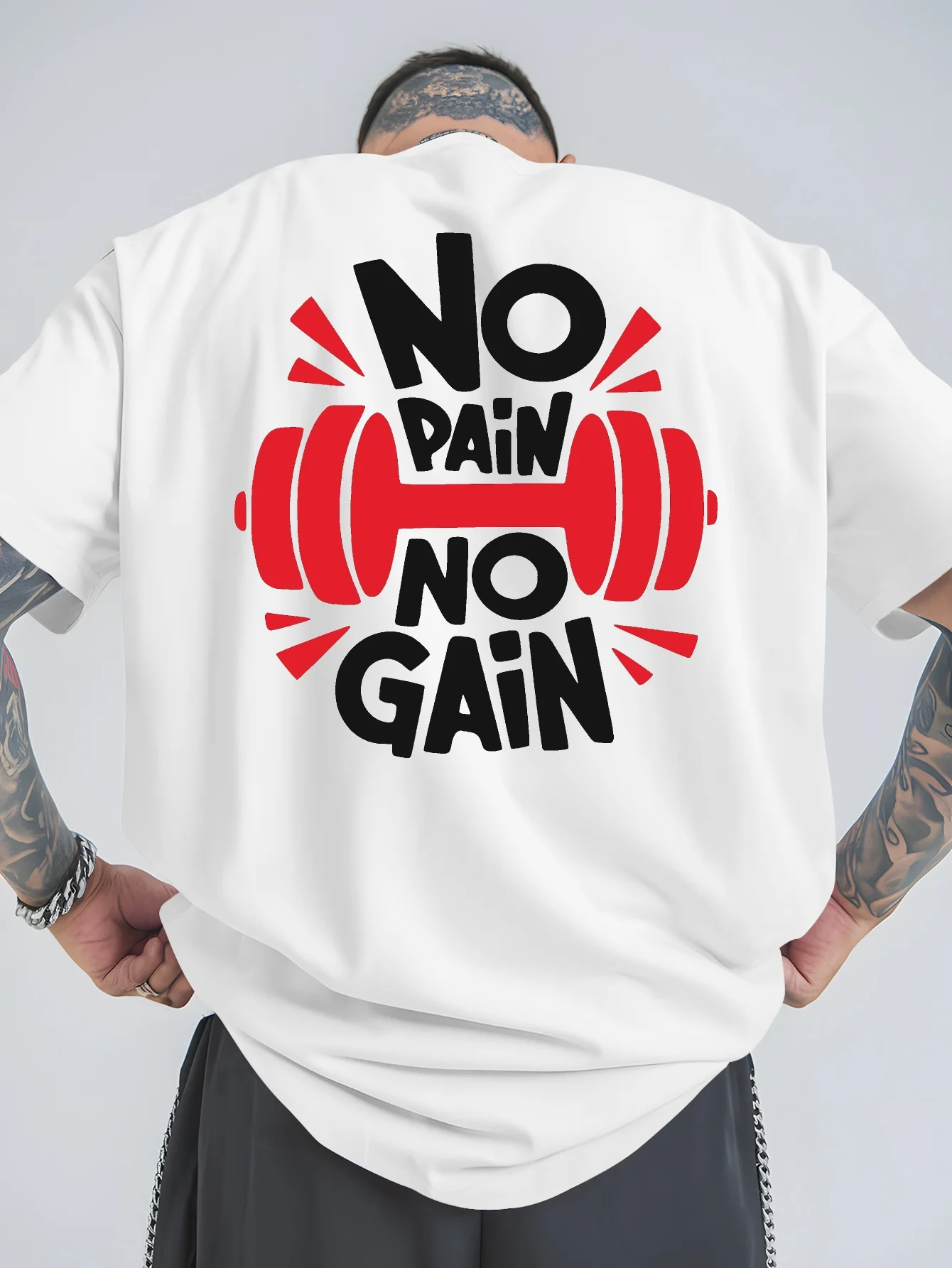 Men Gym Workout Back Print T‑Shirt Dumbbell Motivational Slogan Oversized Casual Summer Fitness Tee