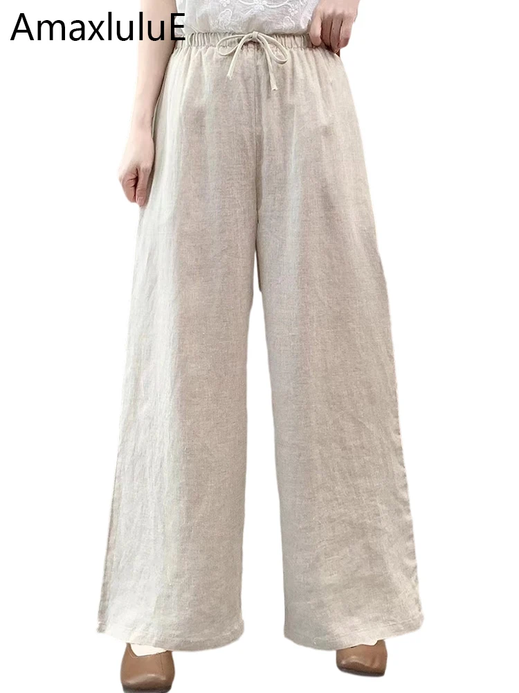 

Amax LuluE Summer Females Fashion Casual Wide Leg Trousers Ladies Classic Vintage Loose Long Pants Elegant Cotton Linen Clothes