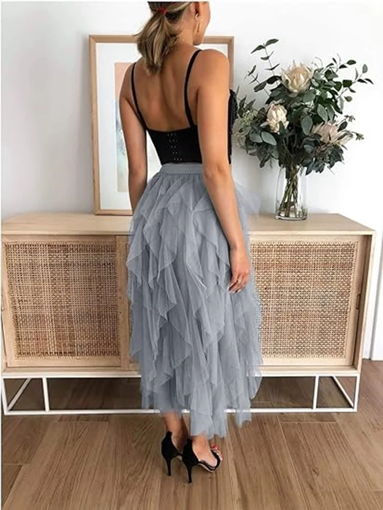 Tulle Skirts for Women Long Length Tutu Fairy Tiered Skirt A Line Mesh Elastic Waist Skirts Big Hem Black Gray Pink Beige Skirts image 3