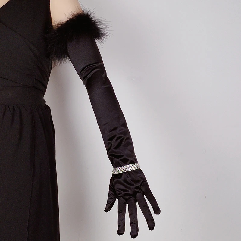 Retro Satin Black Feather Lace Gloves Women\'s Summer Long Elbow Wedding Dress Elastic Etiquette Full Finger Sunscreen Mitten S96