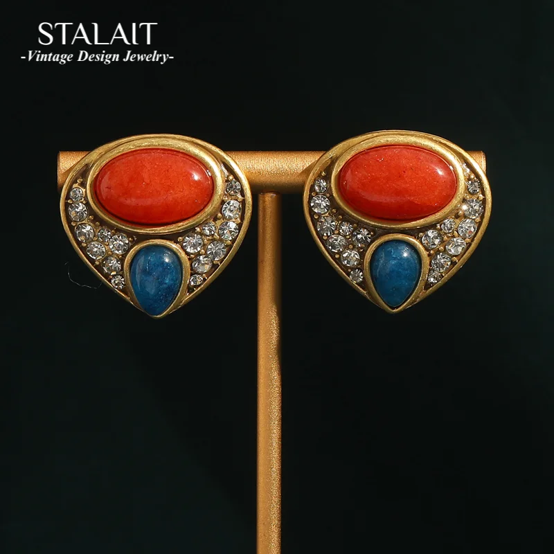 

Antique Jewelry Triangular Red Blue Natural Stone Stud Earrings Rhinestones Water Drop Crystal for Woman Luxury Vintage 2024