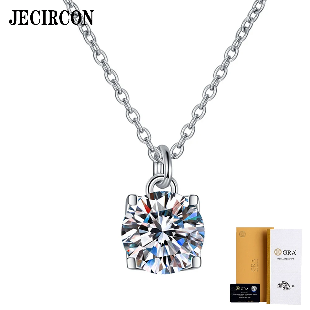 

JECIRCON S925 Sterling Silver Necklace for Women Simple Geometric 4-Claw 1 Carat Moissanite Pendant Classic Party Fine Jewelry