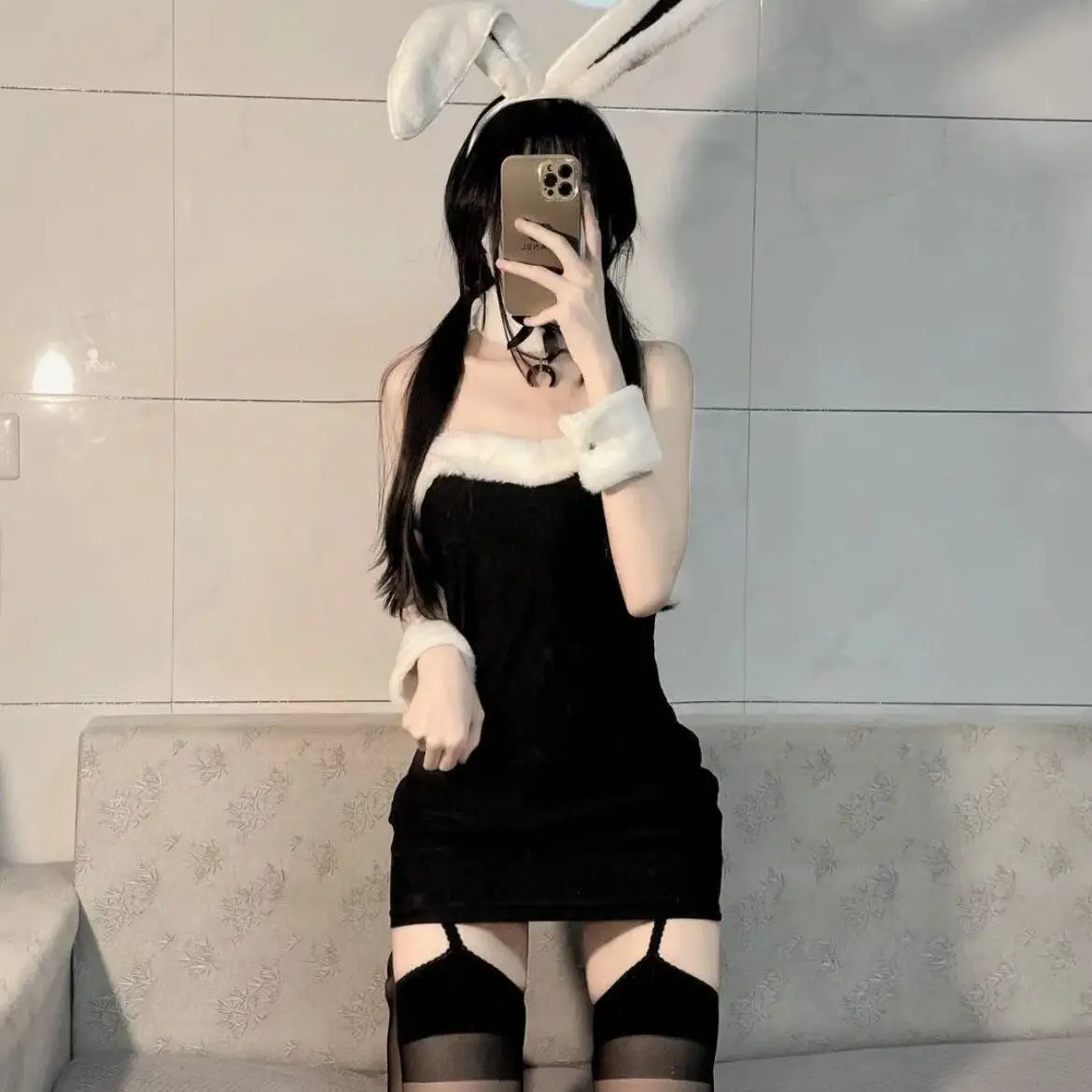 Fsia Sexy de Coelhinha com Saia Curta para Dança em Tema de Natal e loween, Saia Alta com Cintura Envolvente em Cor Pura