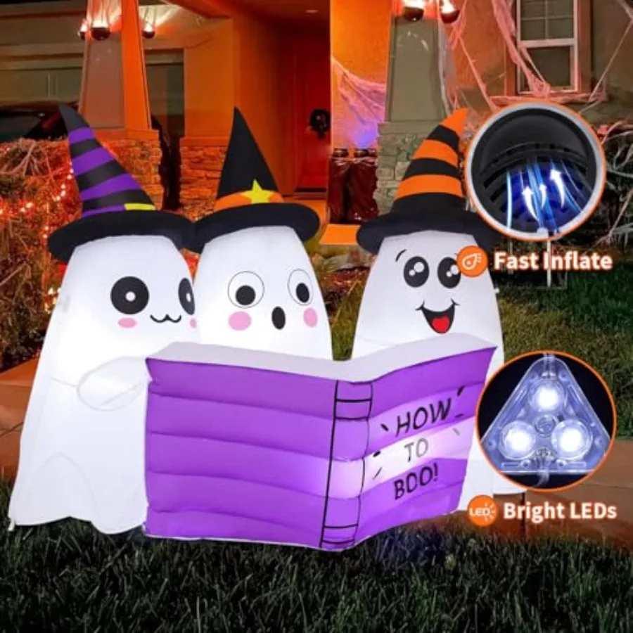 GOOSH 5.2FT Long Halloween Iatables Ghost Outdoor Decoration Blow Up Yard Cute Ghosts Reading Book with Builtin LEDs for Indoor