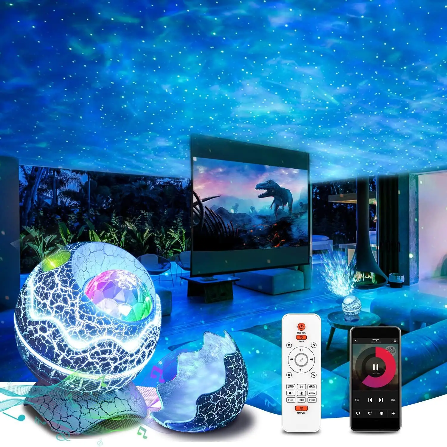 Cracked Dinosaur Egg Table Lamp Atmosphere Projection Lamp Nebula Starry Sky Water Ripple Lamp Remote Control Audio Decorative