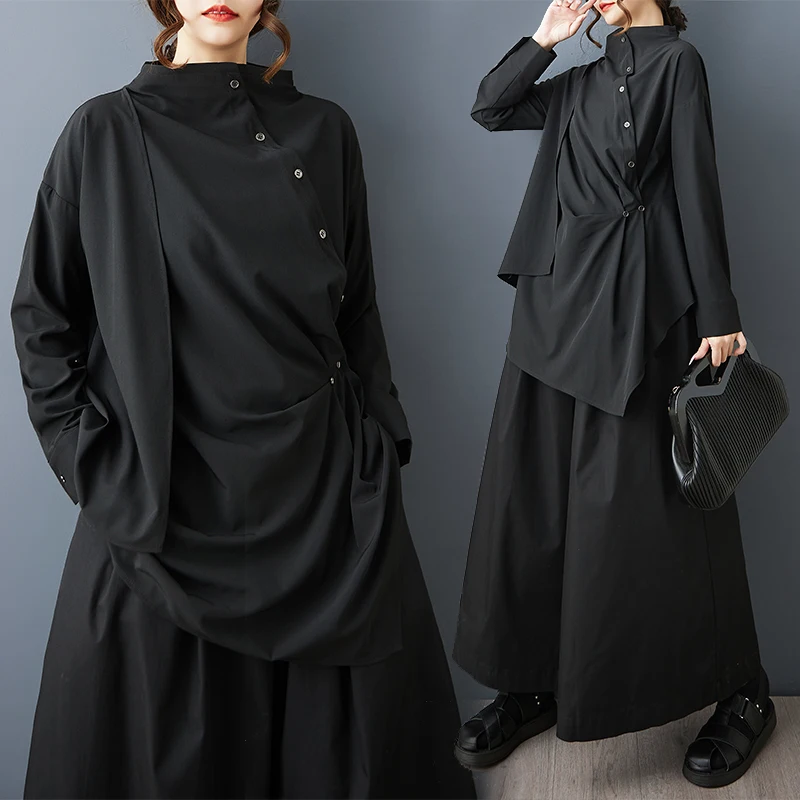 

SuperAen Autumn Korean Style Stand Collar Design Asymmetrical Black Shirt Fashion Casual Loose Long-sleeved Shirts