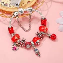 Buipoey Red Heart Beads And Ladybug Charm Bracelets For Women DIY Silver Color Strawberry Bead Bracelet & Bangle Jewelry