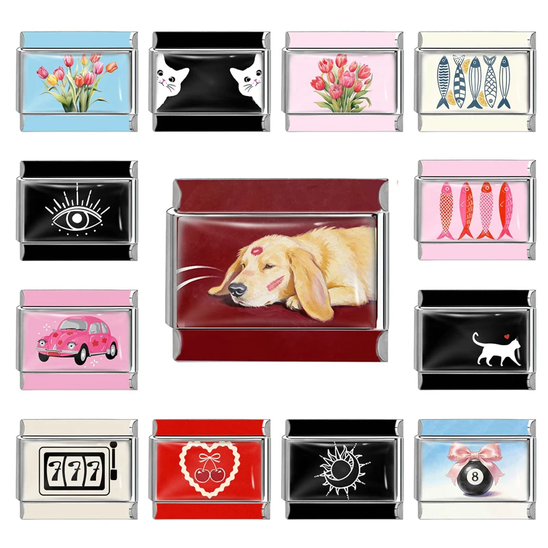Bracelet pour femme en acier inoxydable 9 mm, style Y2K, avec breloques chien retriver, chats noir et blanc, poisson, breloque italienne, livraison directe, cadeaux bijoux