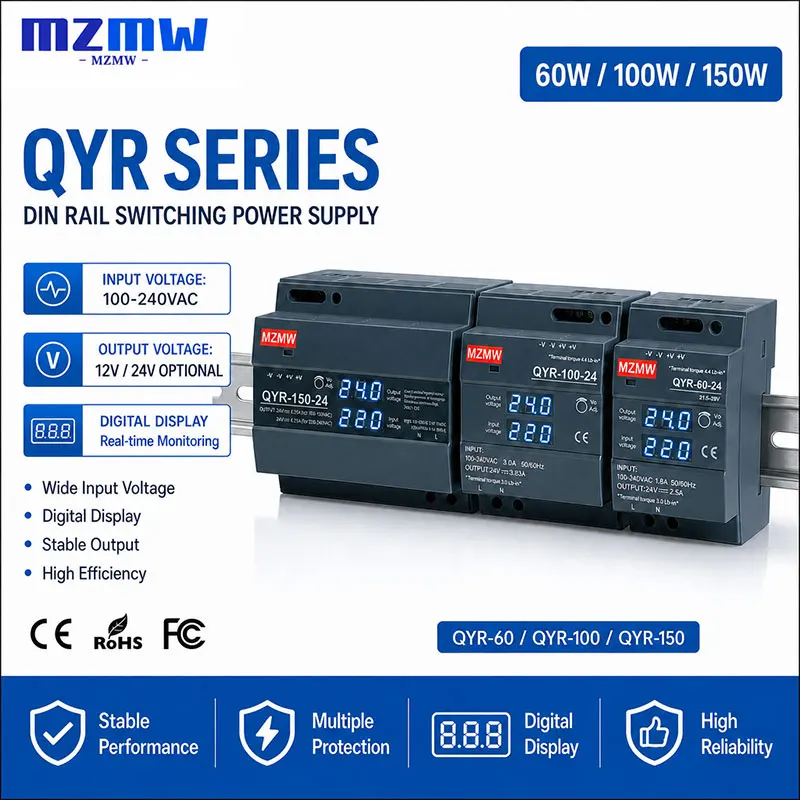 MZMW QYR 60W 100W 150W DIN Rail Switching Power Supply Digital Display AC 100-240V to DC 12V 24V Industrial SMPS Slim CE RoHS