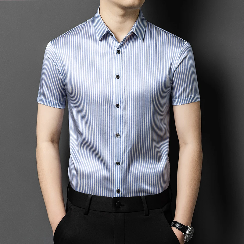 HT8402 Striped Silk Premium Shirts For Men Short Sleeve Easy Care Summer Coolness Lightweight Quality Smart Casual Chemise Homme