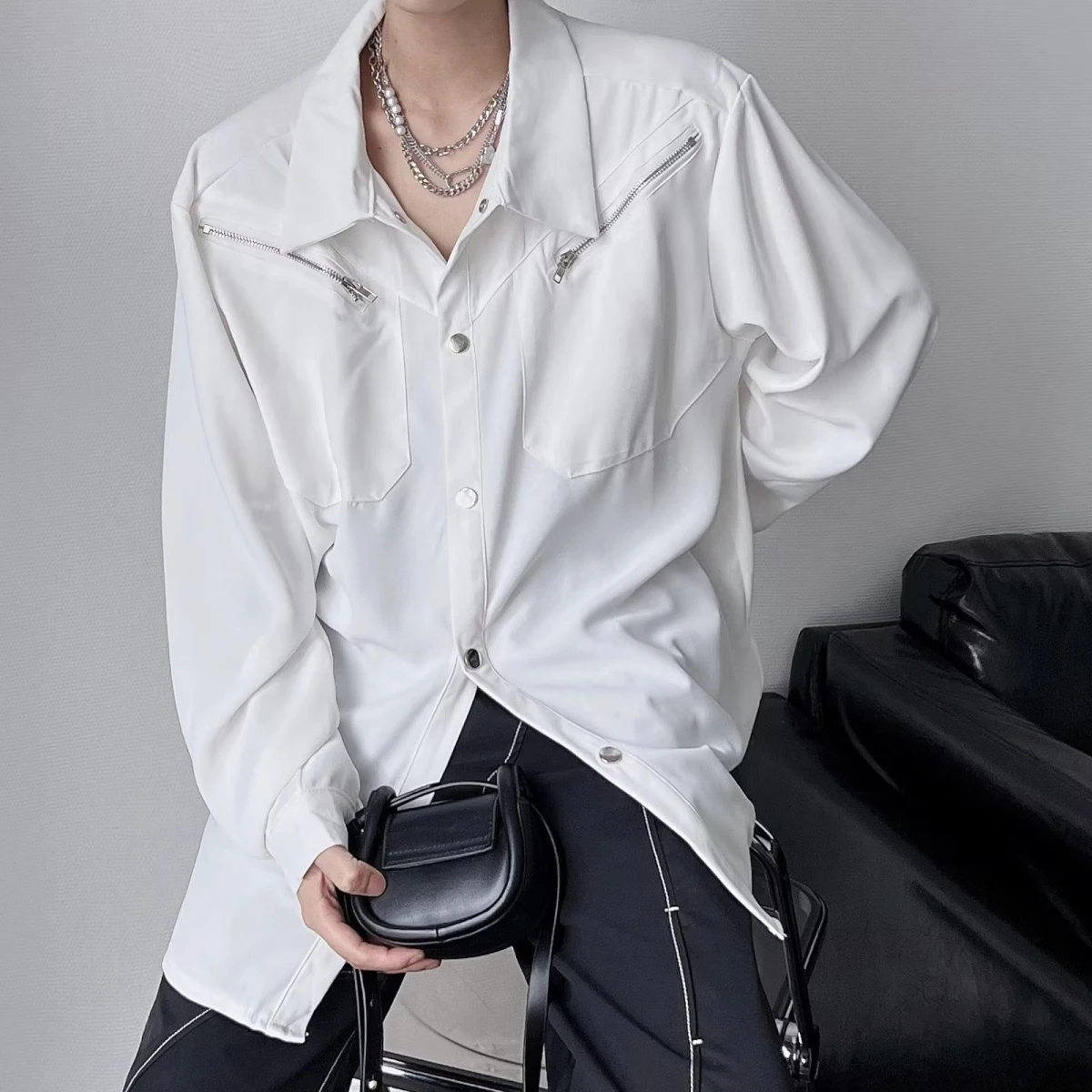 Men's Zipper Pure Color Shirt Drapey Loose Fit Spring Autumn Casual Design Casual Loose White Shirt Youth Trend Polyester Fiber