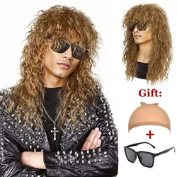 Synthetic 80s Wig for Men and Women Mullet Wig Rock Disco Wig Long Curly Rocker Costume Wig with Sunglasses