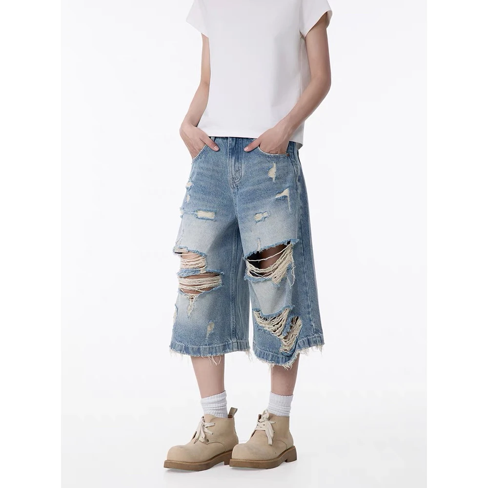 Shorts Jeans Retrô Americano Azul Lavado Casual Masculino e Feminino Solto Desgastado Estilo Desgastado Calça Capri Juvenil A...