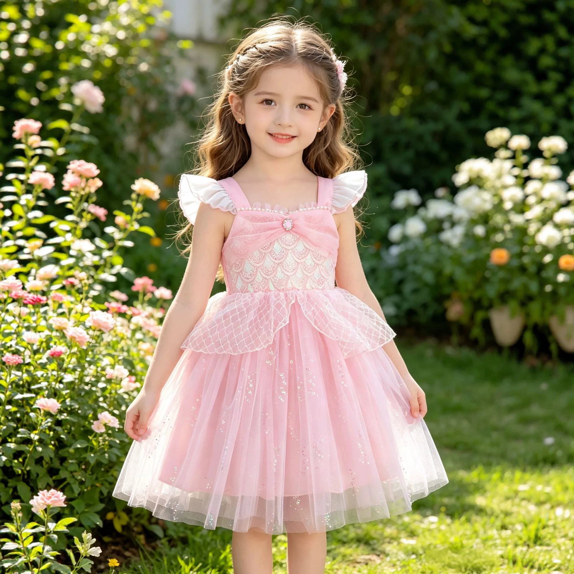 

Girls Pink Flying Sleeve Suspender Mermaid Princess Dress Girls Summer Sweet Sequins Party
