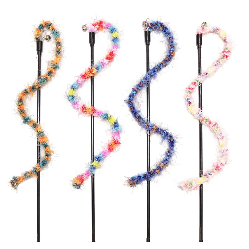 Colored Plush Rope Cat Teasing Stick Toy Cat Bite Rope Cat Wand Toys Kitty Teaser Wand Interactive Cat Toys for Indoor Playing