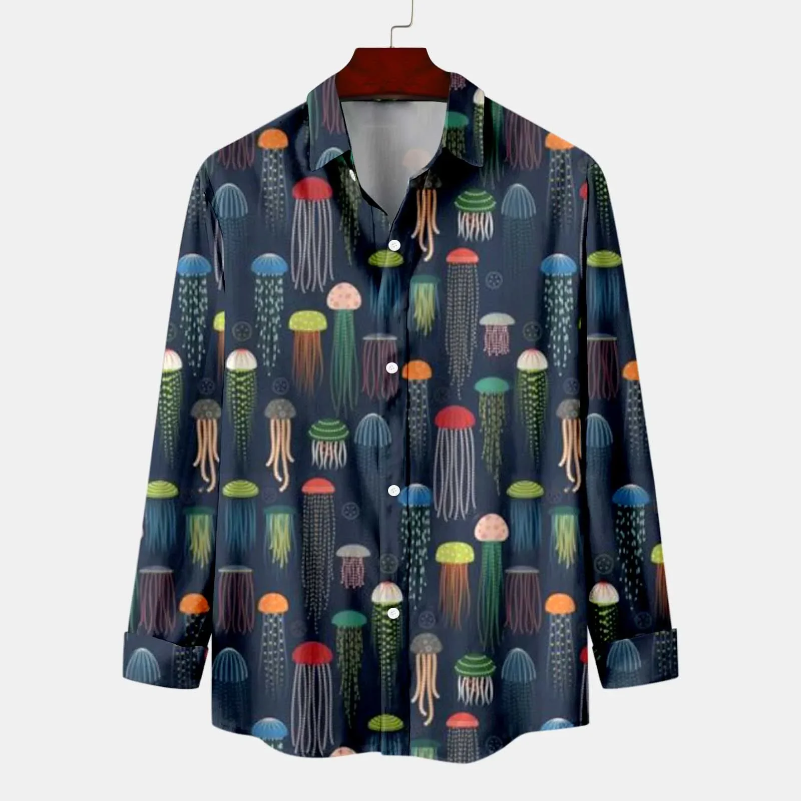 Men Shirt Autumn Long Sleeves Rainbow Jellyfish Print Hawaii Shirts Retro Vintage Streetwear Button Blouse Chemise Ropa Hombre