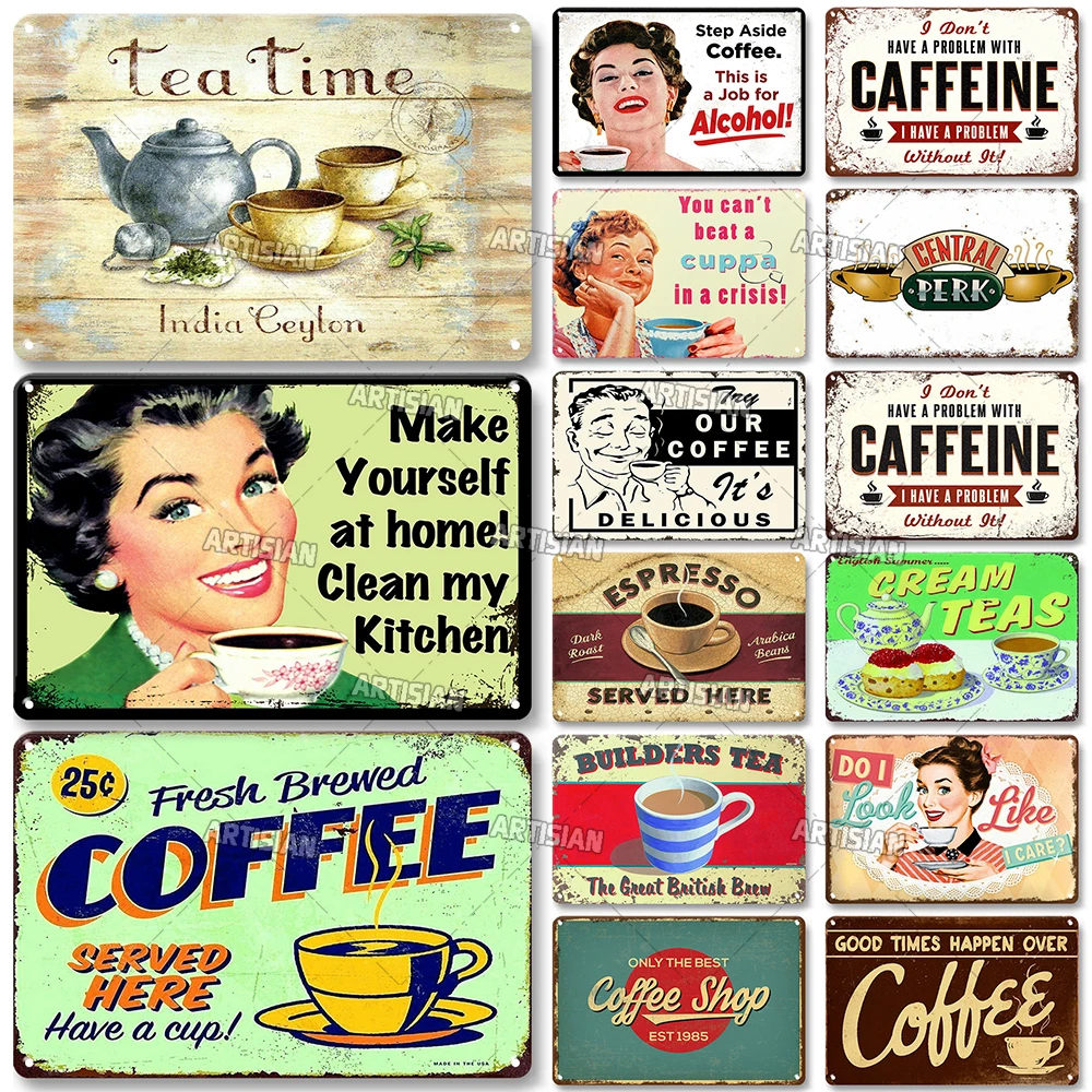 Vintage Coffee Metal Tin Sign Decorative Plate Retro Tea Time Metal Poster Home Bar Cafe Indutrial Decor Old Wall Metal Signs