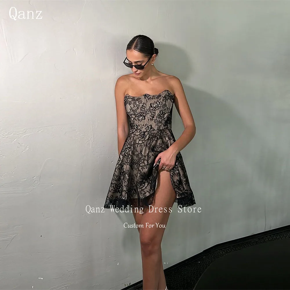 

Qanz Sexy Lace Mini Prom Dresses A Line Strapless Lace Up Back Summer Above Knee Party Gowns Night Clubbing Cocktail Dresses
