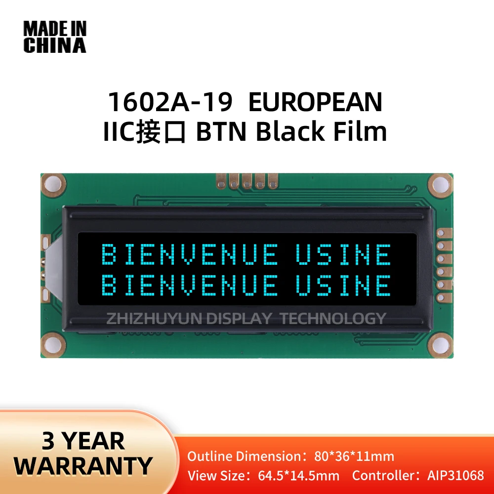 Pantalla de matriz de puntos de caracteres 1602A-19, módulo multilingüe europeo con retroiluminación, pantalla LCD BTN, película negra, texto azul hielo