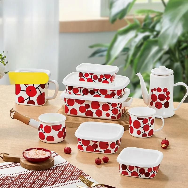 

Food ade Enamel Storage Box Square Bowl Lunch Box Kitchen Set Cup Durable Ins Sle Cookware Diware Enamelware