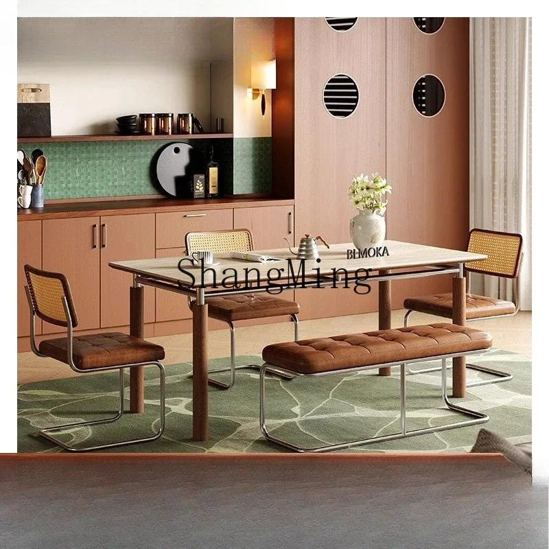 

SM and chair combination travertine medium and ancient style stainless steel ash wood solid wood rock slab dining table